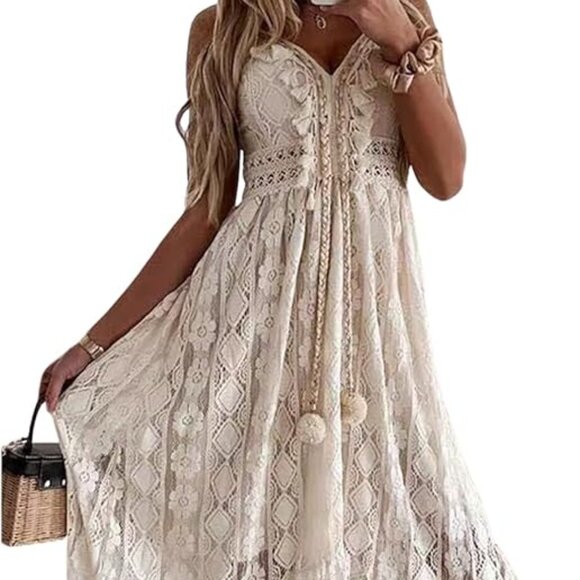CUPSHE Women's Lace Spaghetti Strapped Flowy Maxi Dress with Tassels NWT –Beige - Picture 7 of 8